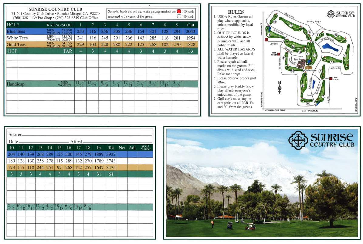 Course scorecard Sunrise Country Club Rancho Mirage, CA